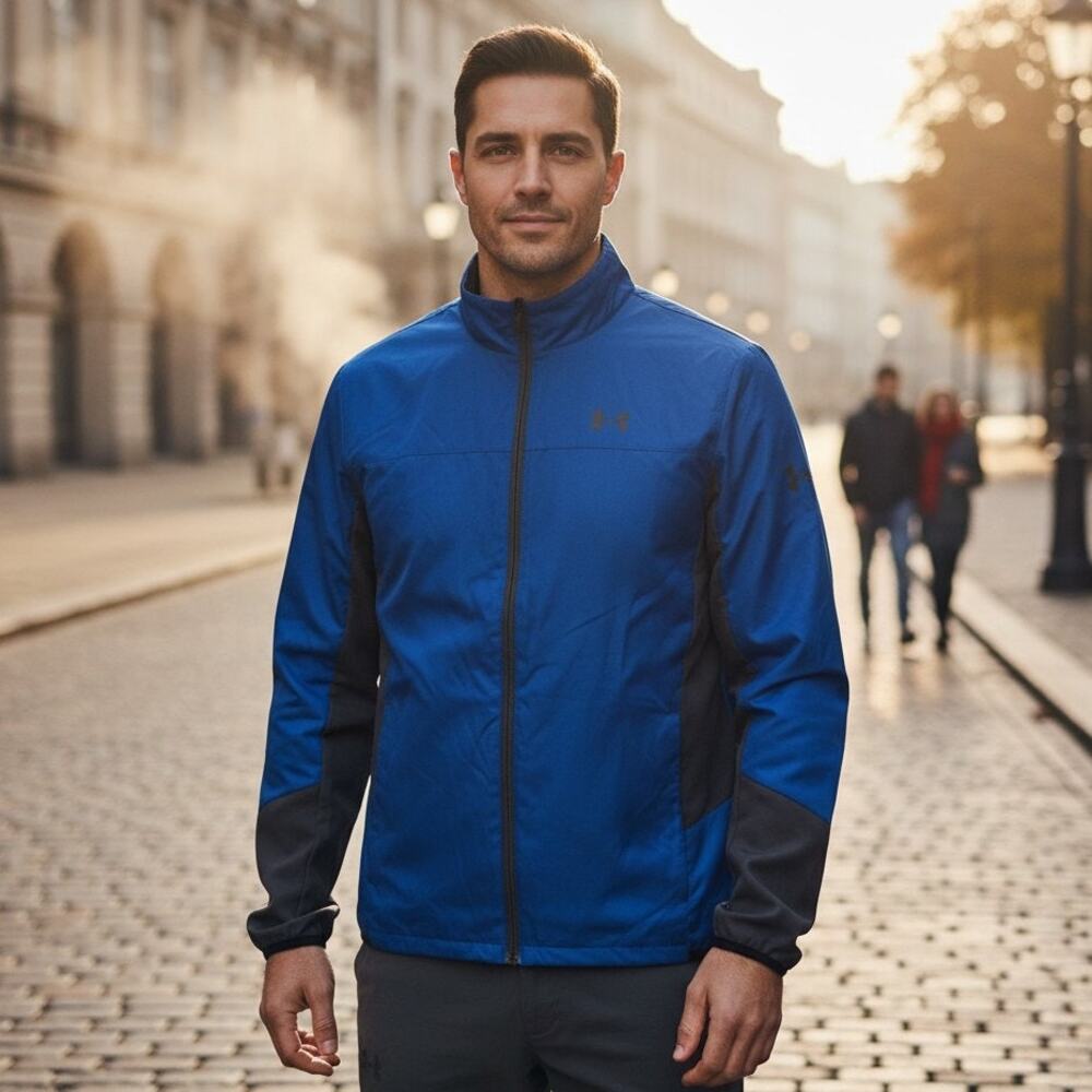 Under Armour Mens M Blue Black Athletic Jacket Loose Fit Full Zip Training
